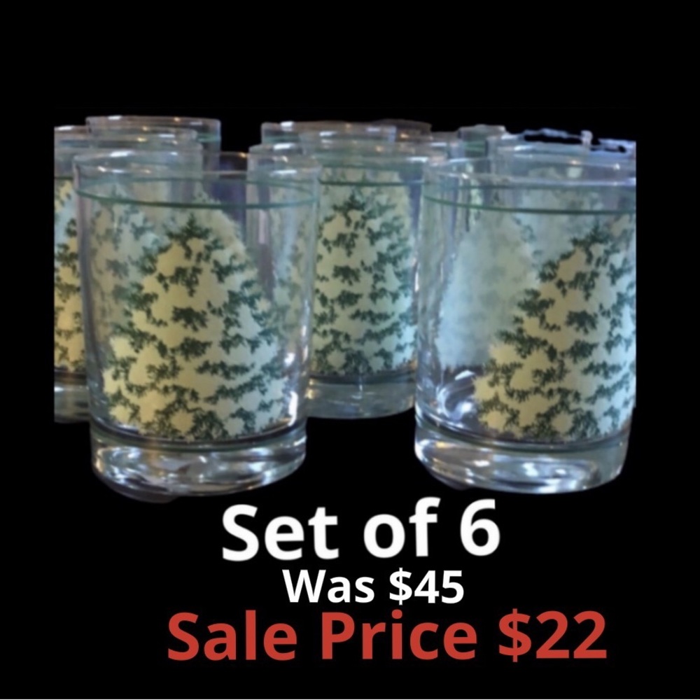 6 Vintage  Winter/ Christmas Tree Glasses 4.25” Tall LowBall tumbler.